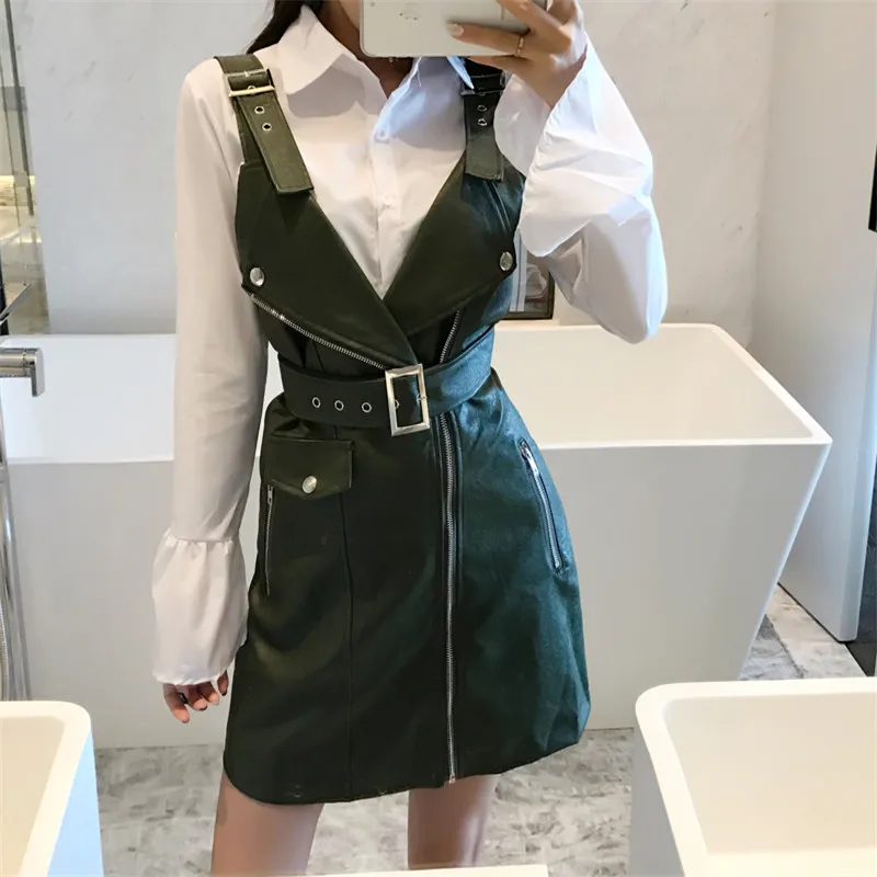 Женское Короткое платье из ПУ кожи с V образным вырезом и поясом|robe de femme|robe