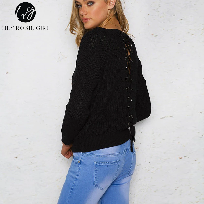 Lily Rosie девушка черный на шнуровке трикотажные пуловеры свитеры для женщин V