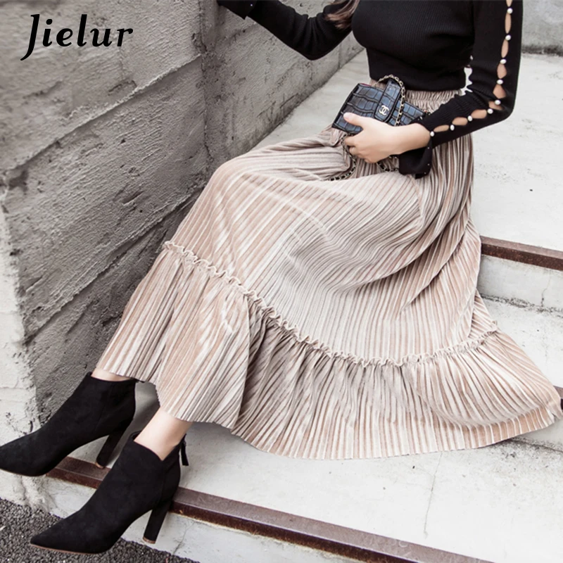 Jielur 2021 Chic Patchwork Velvet Midi Skirt Women Autumn Fashion High Waist Pleated Skirts 7 Colors Elegant Vintage Saia Female | Женская