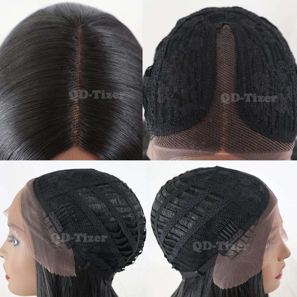 

QD-Tizer Black Color Long Body Wave Hair Middle Part Lace Wigs Glueless Synthetic Lace Front Wigs for Black Women