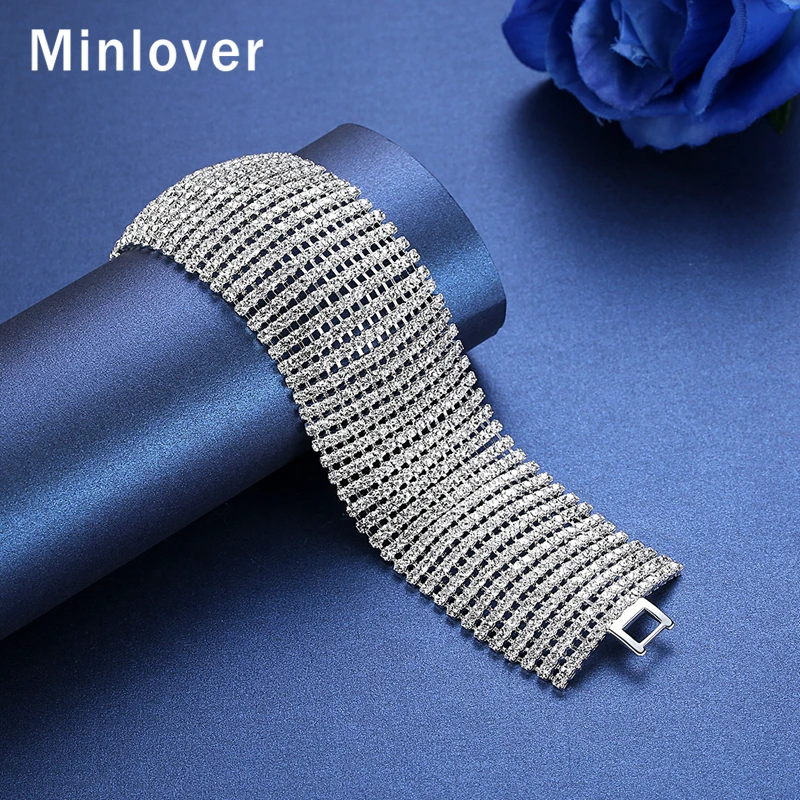 Minlover простой стиль широкий кристалл свадебные браслеты для женщин Стразы
