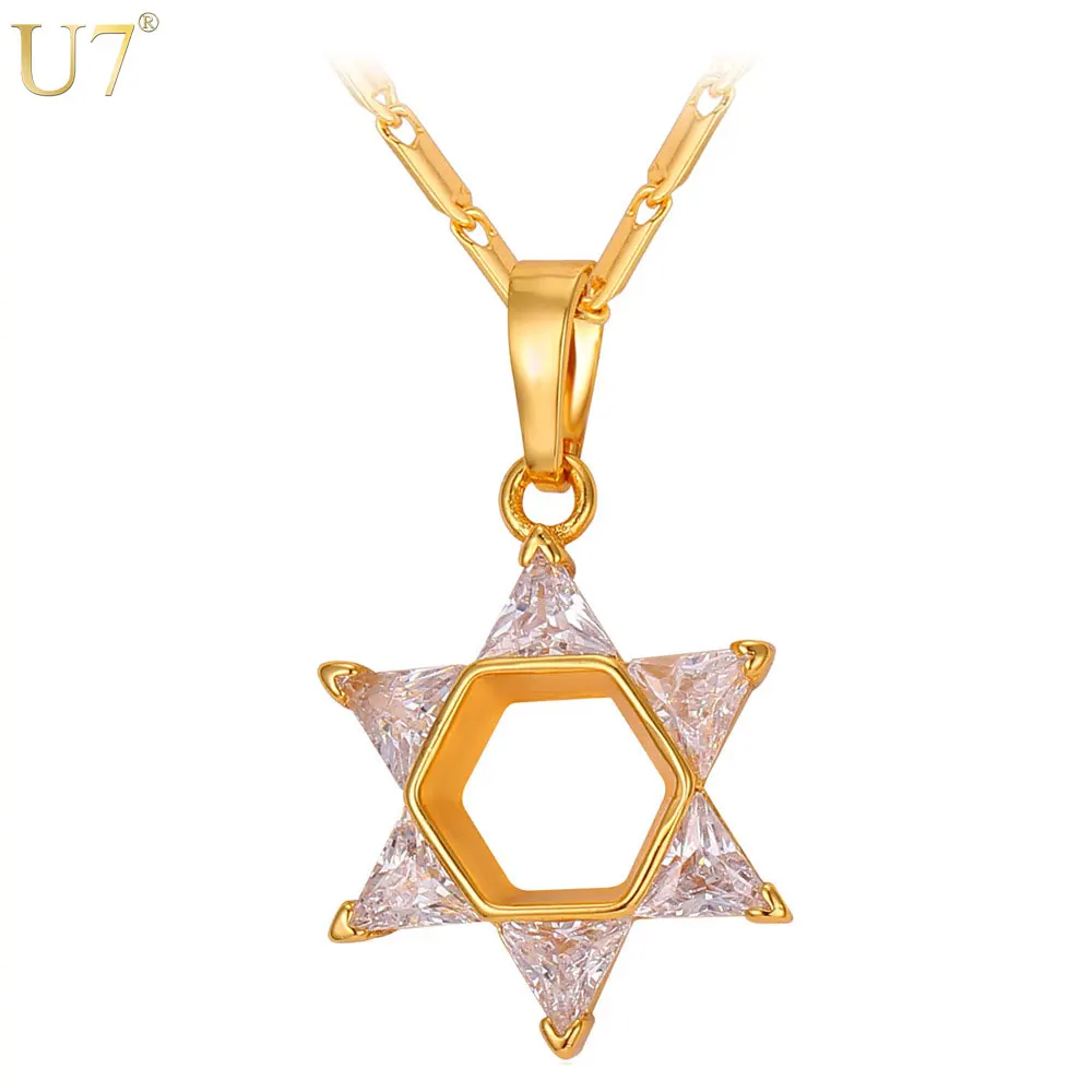 U7 Звезда Давида Кулон Ожерелье Для Женщин Позолоченный Цепь &amp Циркон Подвеска