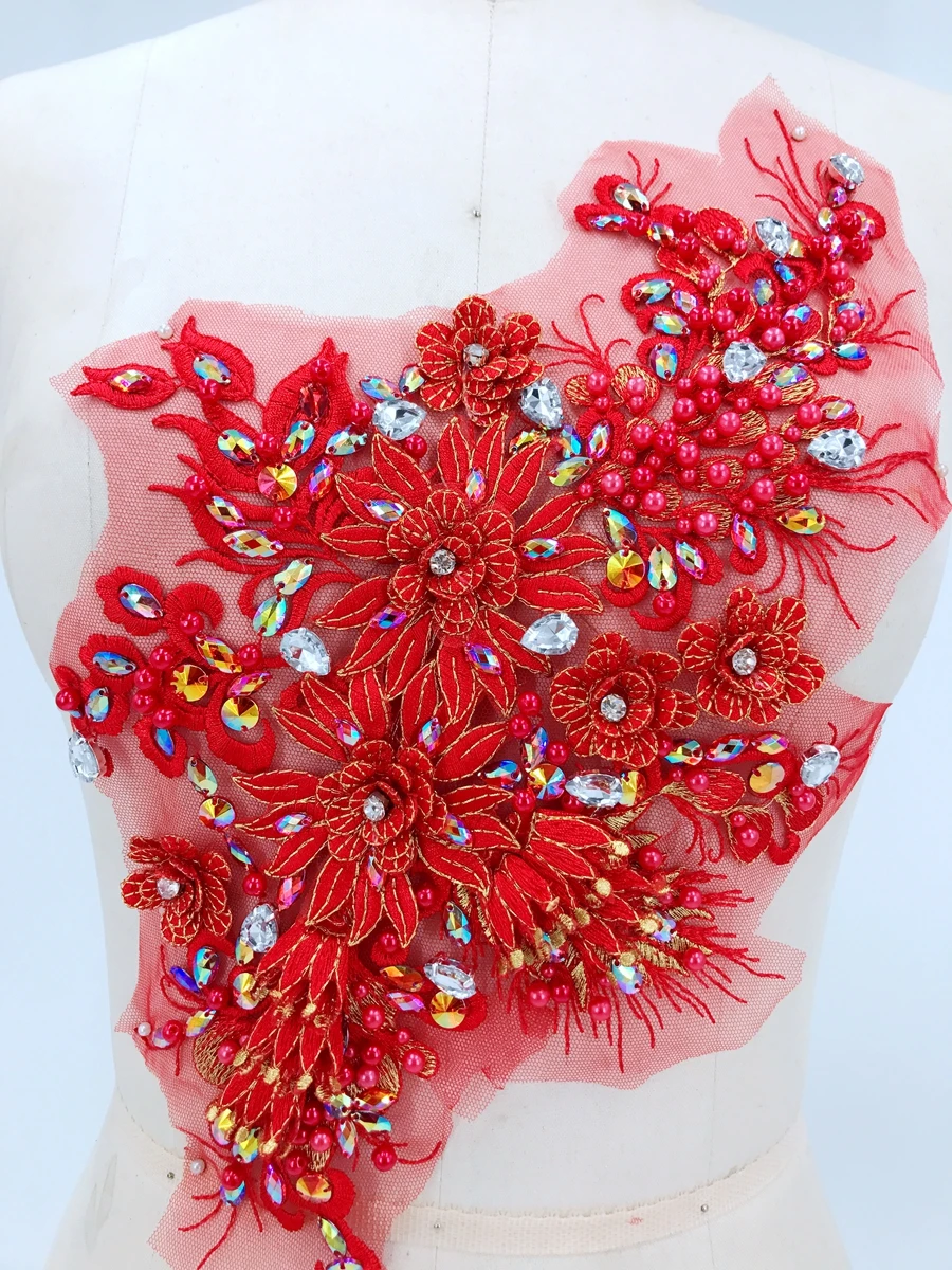 

Красная трехмерная Кружевная аппликация с бусинами для рукоделия нашивки 38*23 см для аксессуаров к платью