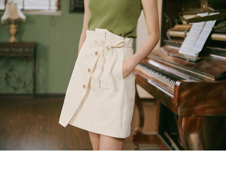 INMAN Autumn New Arrival Young Literary Style Lacing Button Slits A-line Women Short Skirt