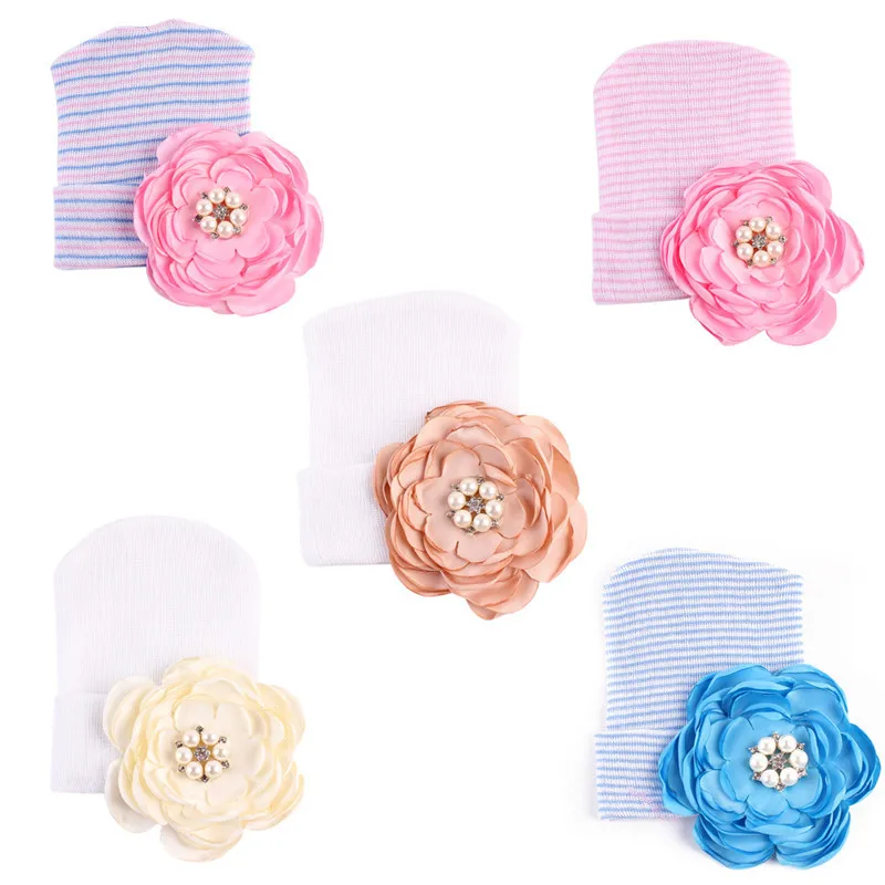 XDOMI 0-3 Month Winter Hats for Girl Cotton Beanie Cap Child's Lovely Big Flower With Pearl For Kids Photography Accessories |