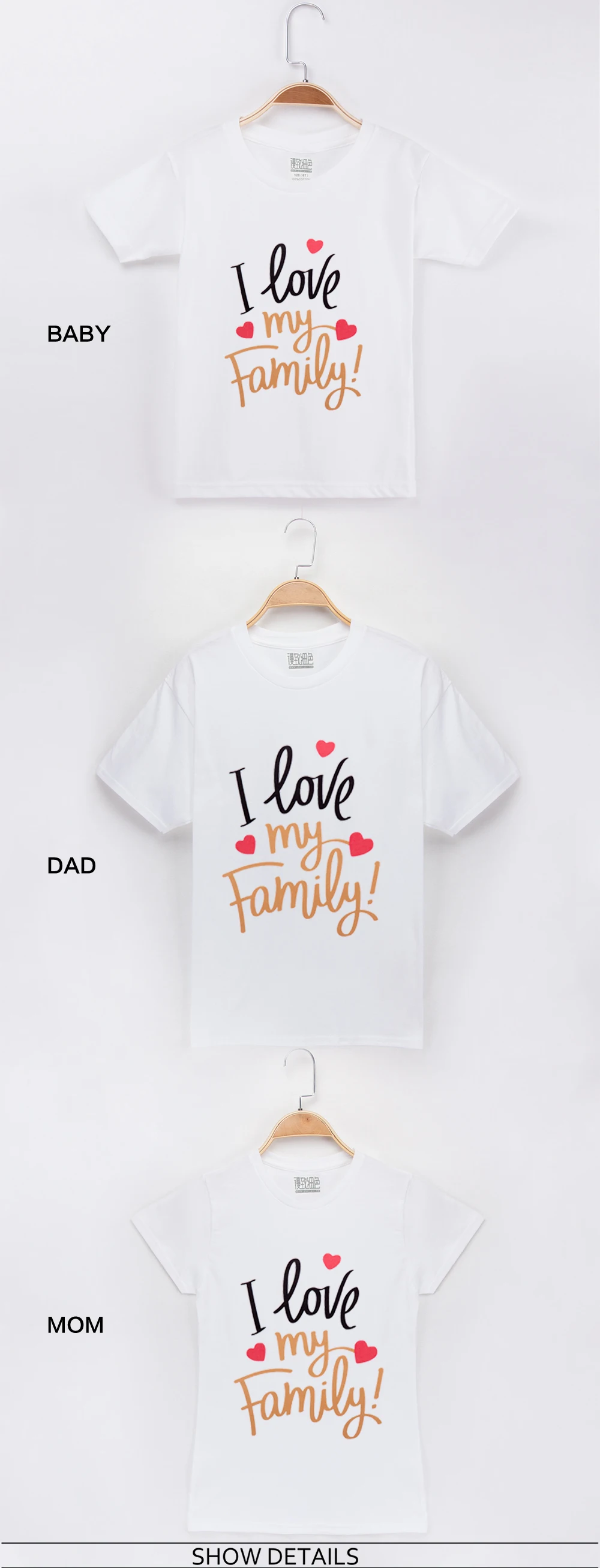 Одинаковые футболки с надписью «I Love family»; платья из хлопка для мамы и дочки; одежда для сына и ребенка; одинаковые футболки; топы