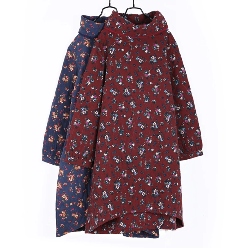 

Spring Autumn Dresses Women Midi Dress Small Flower Thin Cotton Quilt Winter Dress Long Sleeve Robe Retro Vestidos Jurken Elbise