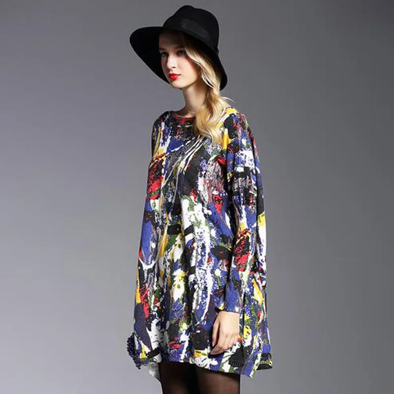 Новейший негабаритный демисезонный трикотаж с принтом свитер для женщин