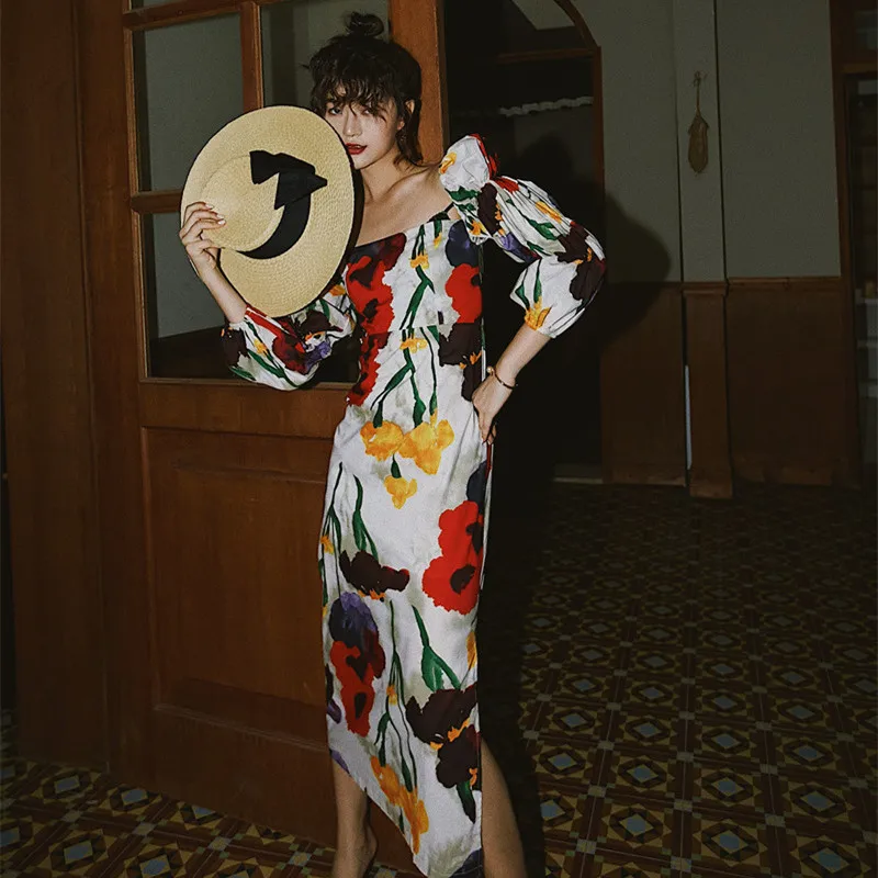 Женское винтажное платье с цветочным принтом Cheerart длинное облегающее миди