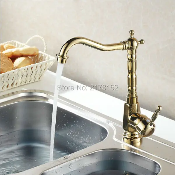 Позолоченный кухонный кран роскошный Одноцветный стиль длинный поворотный