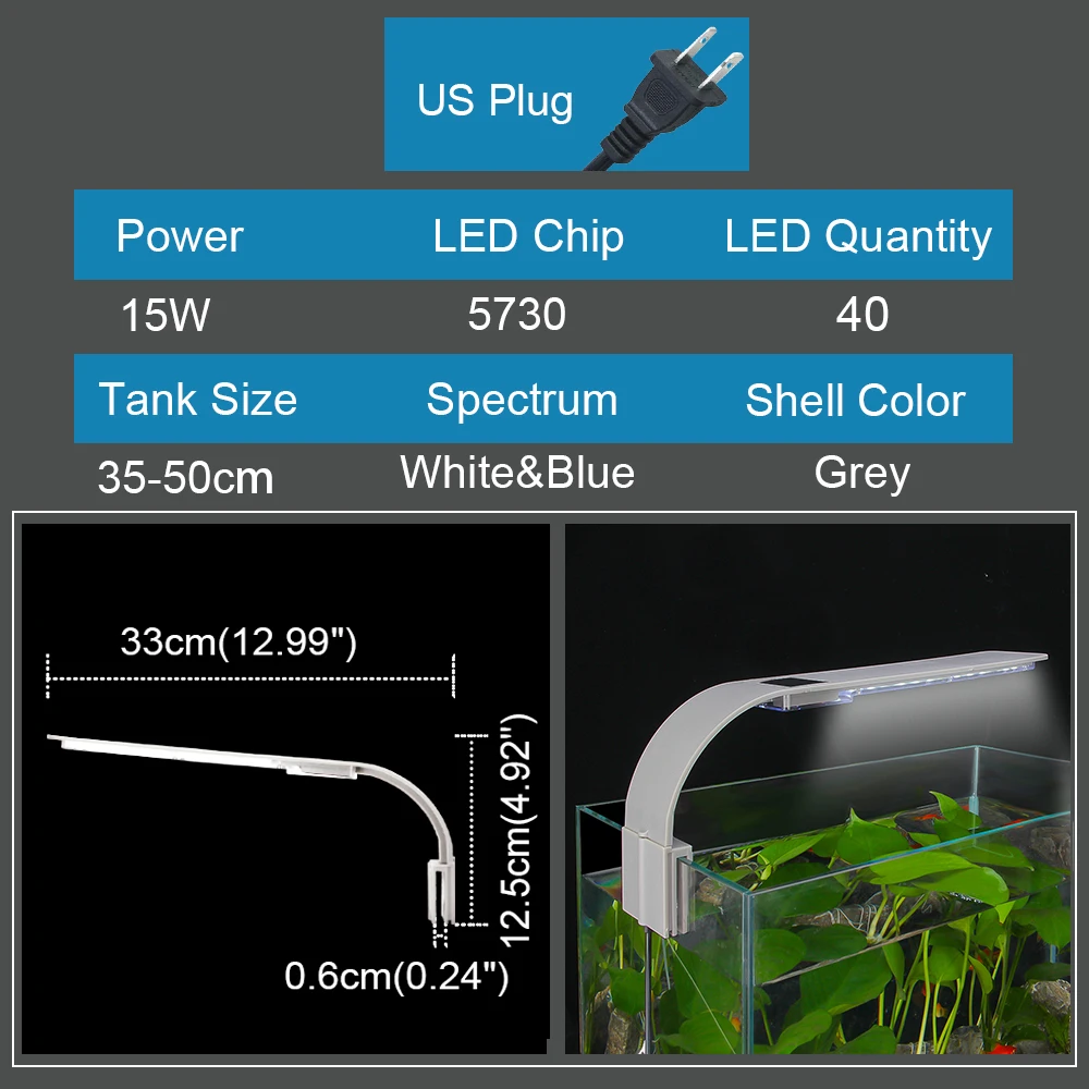 US-Light gray-110V Senzeal X9 супер тонкий светодиодный светильник для аквариума, светильник для аквариума с зажимом, светильник для растений, светильник для выращивания 15 Вт, лампа для пресноводного аквариума 220 В/110 В - Цвет: US-Light gray-110V