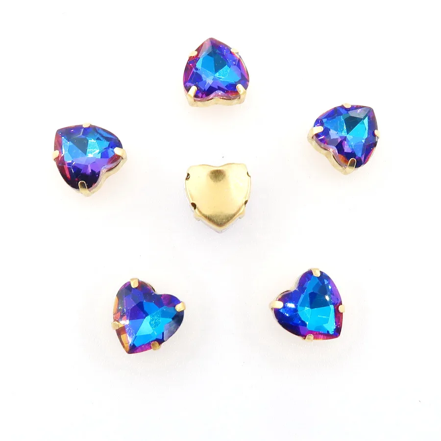 A2 Sapphire rainbow Золото коготь настройки 20 шт./упак. с радужными или прозрачные стеклянные стразы цвета Кристалл 10 мм в форме сердца пришить стразы кристаллы Аппликация Одежда «сделай сам» - Цвет: A2 Sapphire rainbow