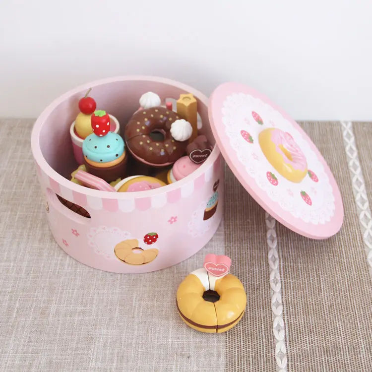 Baby Toys Strawberry Simulation Doughnut Set Wooden Toys For Kids Afternoon Tea Cake Child Educational Birthday Gift