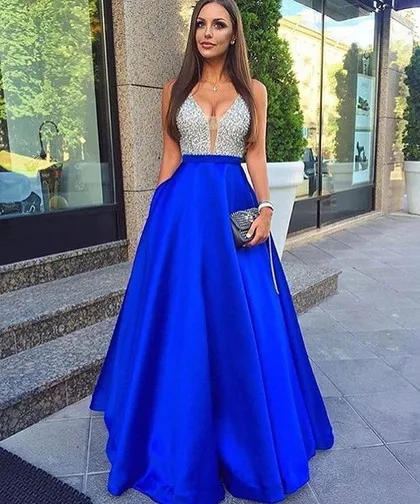 Royal Blue Robe De Soiree A-line Deep V-neck Tulle Beaded Crystals Sexy Long Party Prom Dresses Gown Evening | Свадьбы и торжества