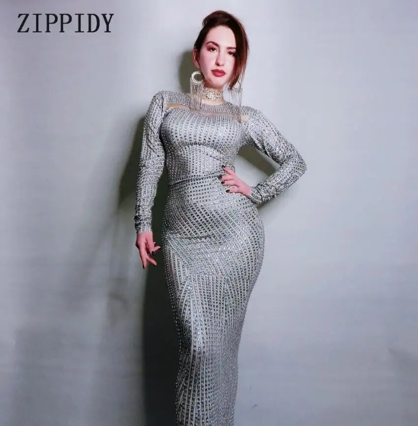 

Sparkly Full Rhinestones Slim Stretch Long Dress Women's Birthday Outfit Evening Party Celebrate Dress Female Singer Dresses