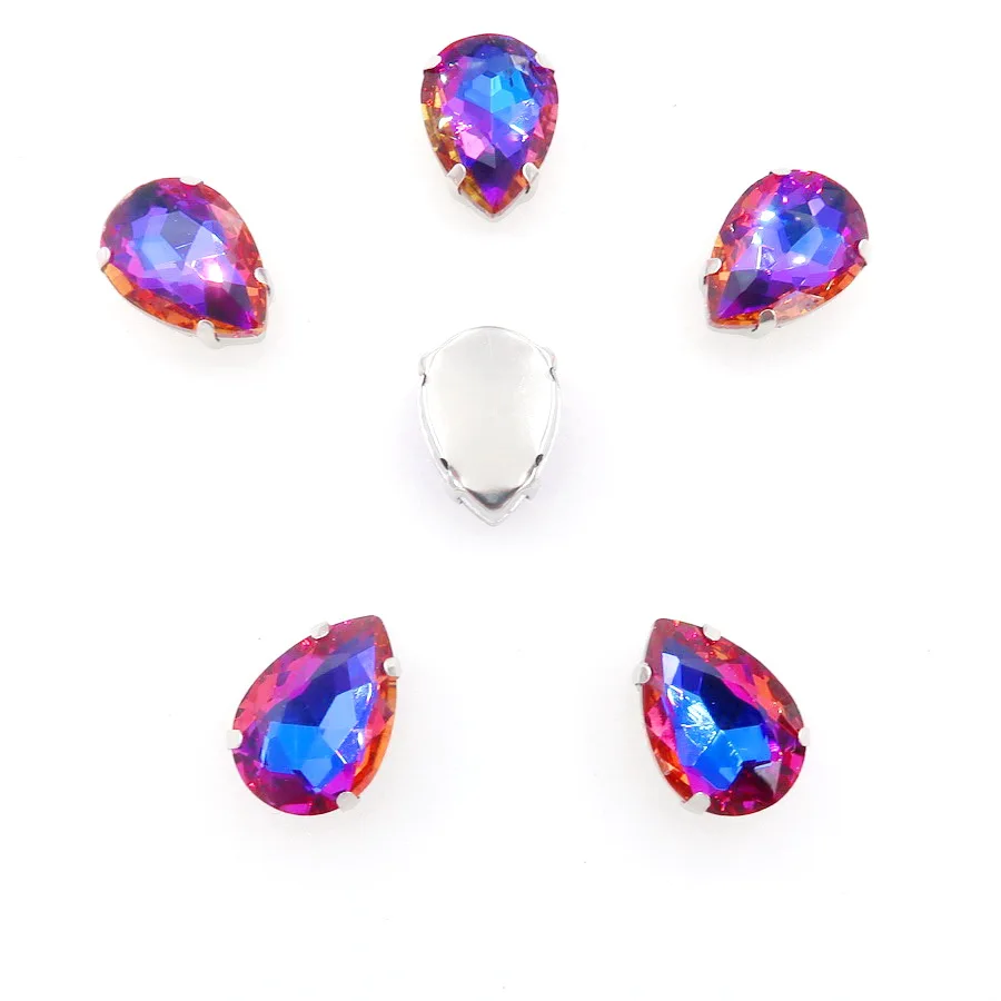 A2 Sapphire rainbow Серебряный коготь настройки радуга и желе AB стекло кристалл 7*10 10*14 13*18 мм форма капли пришить стразы для одежды diy обрезки - Цвет: A2 Sapphire rainbow