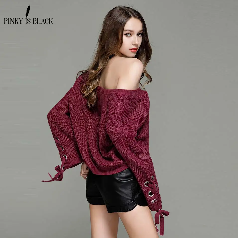 

Pinky Is Black 2019 Women Sweater and Pullovers female O Neck Knitted Sweater Flare Sleeve Top Loose Autumn Winter Casual Jumper