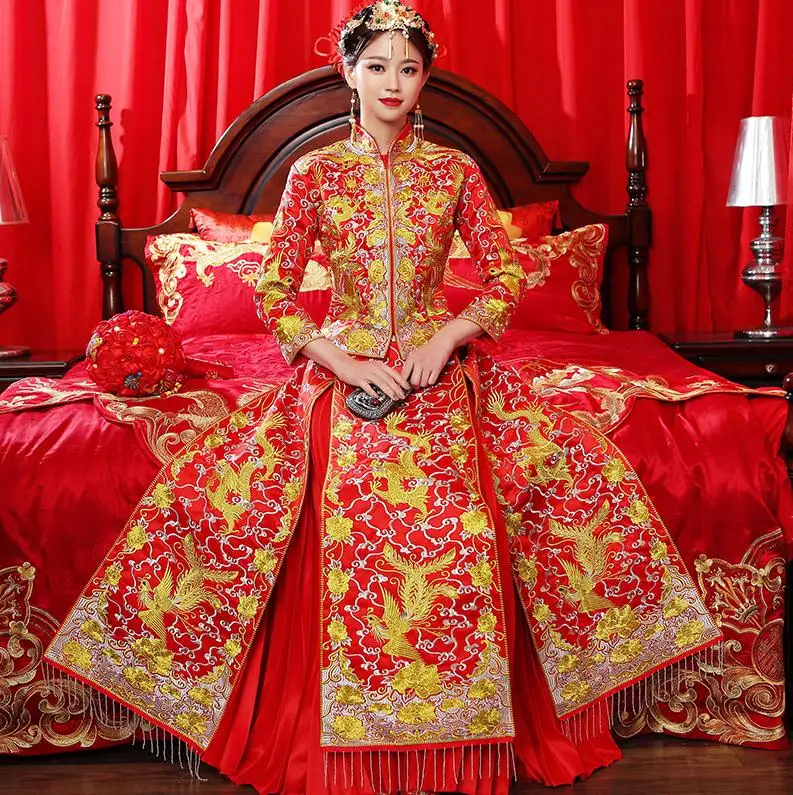 bride 1 Шикарное красное китайское свадебное платье невесты традиционный ченсам женится вечернее платье Дракон Феникс Платье вышитое платье-чанпао - Цвет: bride 1