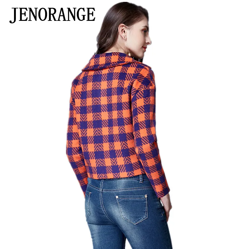 JENORANGE бренд женские зимние случайный стиль двубортный плед шерсть короткая