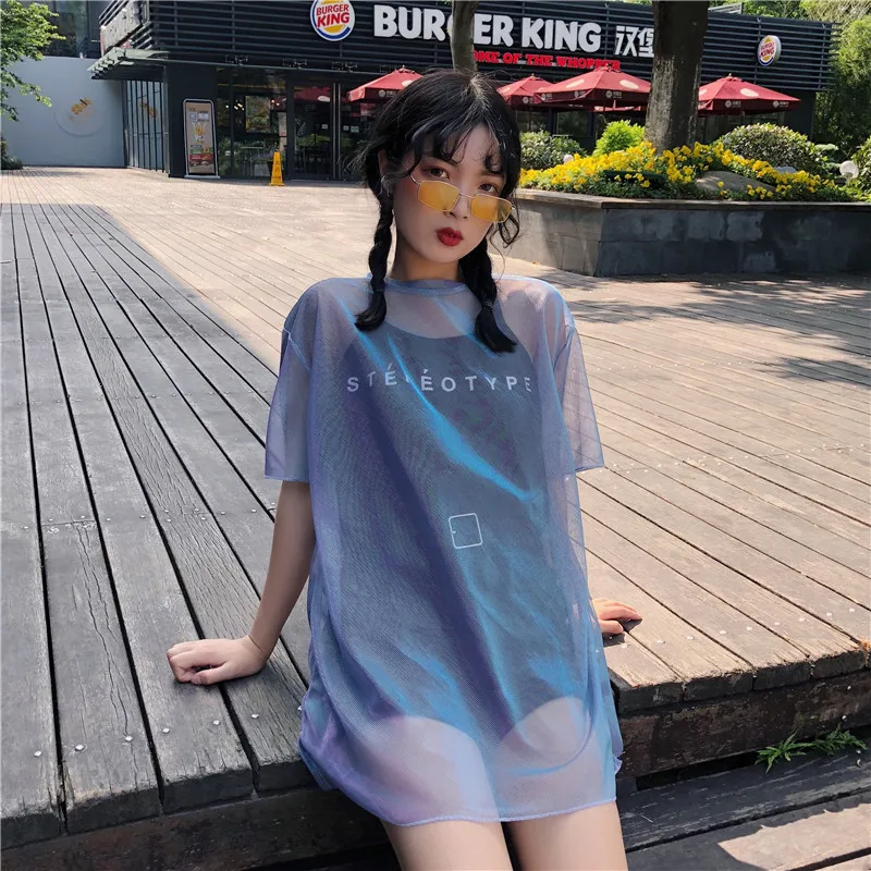 2 шт.! Ulzzang корейский Harajuku сетчатый топ женский сетчатый топ+ черный топики шикарные футболки блестящие Прямая поставка