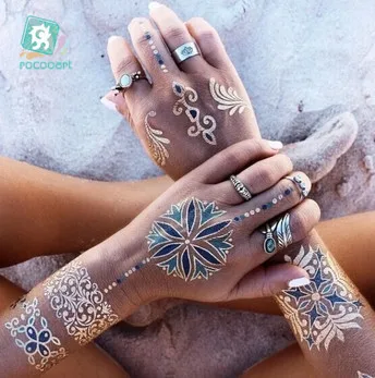 

Rocooart Flash Metallic Waterproof Temporary Tattoo Gold Silver Tatoo Women Henna Flower Taty Indian Arabic Tattoo Sticker