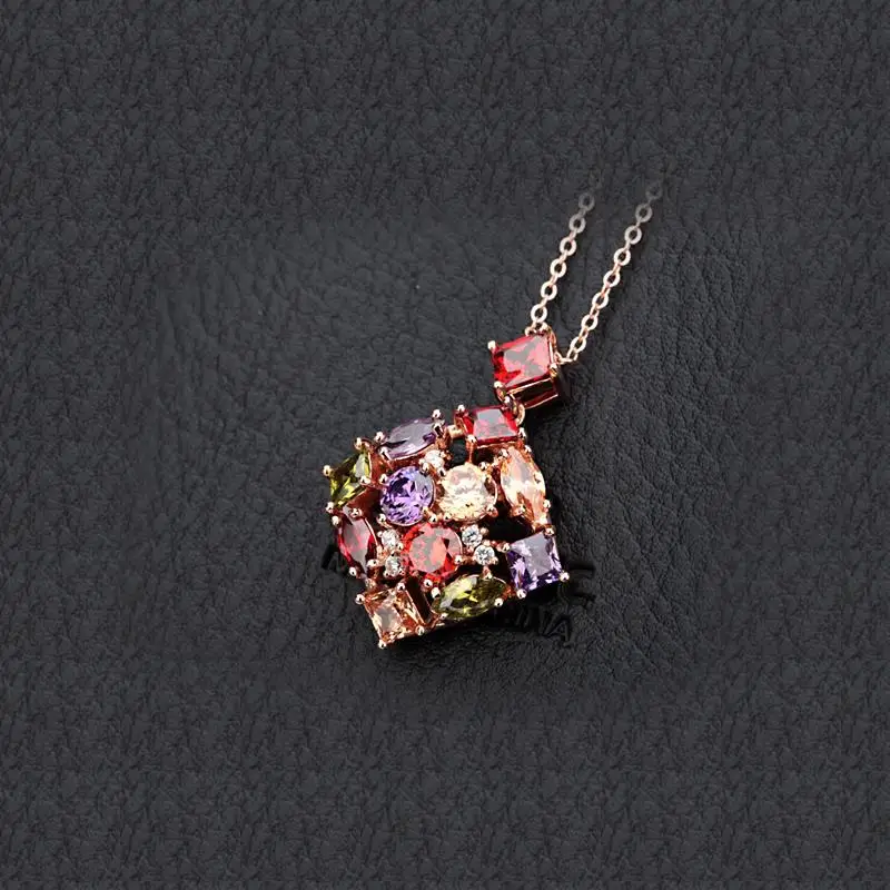 LUOTEEMI New Fashion Women Square Colorful Zircon Pendant Necklace Rose Gold Color for Anniversary Jewelry Wholesale|fashion necklace|necklace