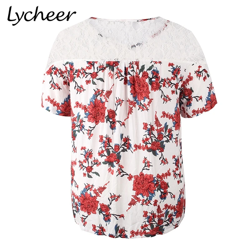 Lycheer Плюс Размер Белый кружевной цветочный принт Женский Большой размер блуза