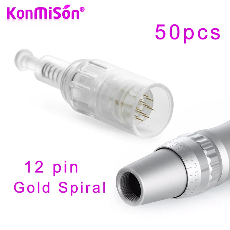 KONMISON 50 шт. электрическая Дерма Ручка микро иглы 12 Pin Titaniun Золотой спиральный картридж для авто Дерма ручка Золотая Татуировка иглы наконечник
