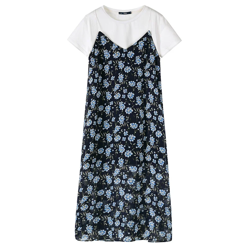 Blue red tone SEMIR Летний костюм платье женское круглый вырез белая рубашка цветочный шифон ремень платье для женщин - Цвет: Blue red tone