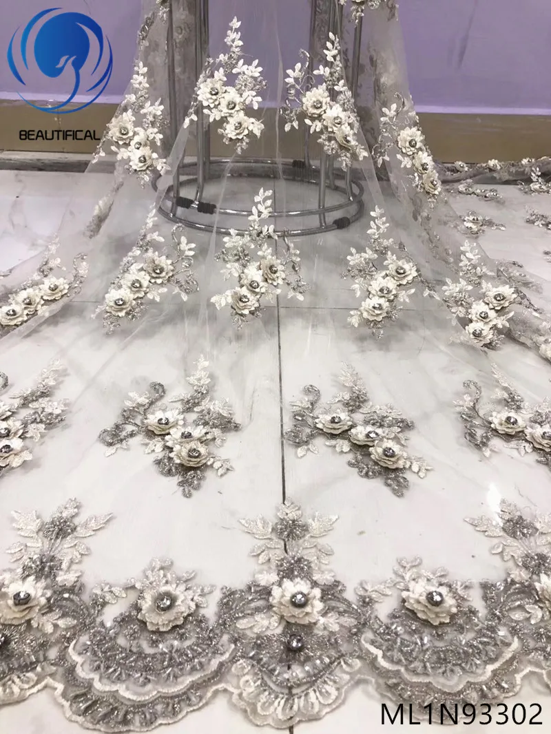 

BEAUTIFICAL african lace fabrics 3d flowers net lace fabric with beads and stones for dress embroidery french lace ML1N933