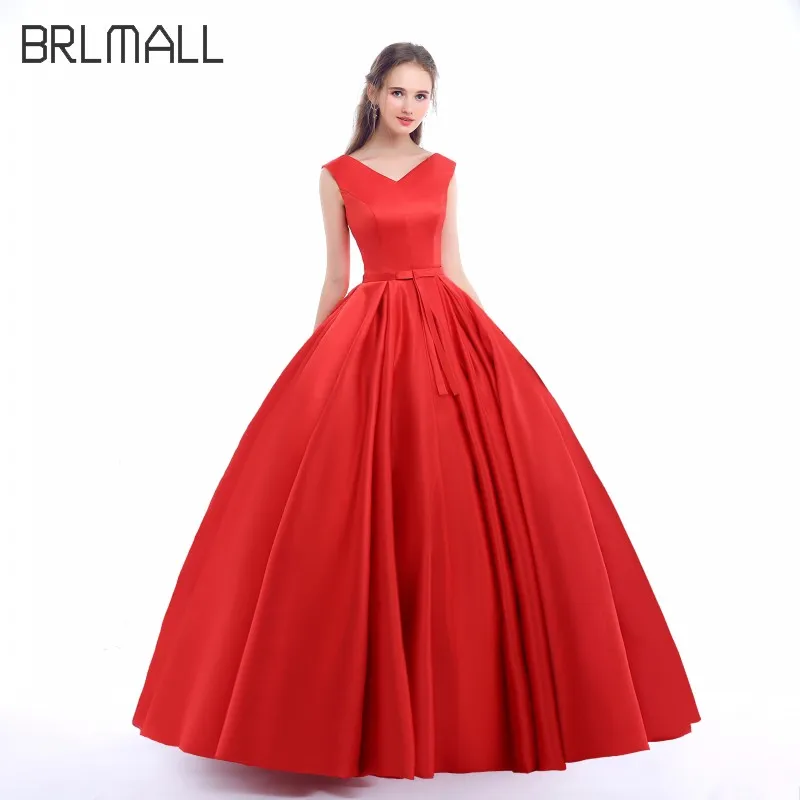BRLMALL Simple Sleeveless Red A Line Prom Dresses Party Gown Crew Bow Satin Sweep Train Evening Formal Dress robe de soiree | Свадьбы и