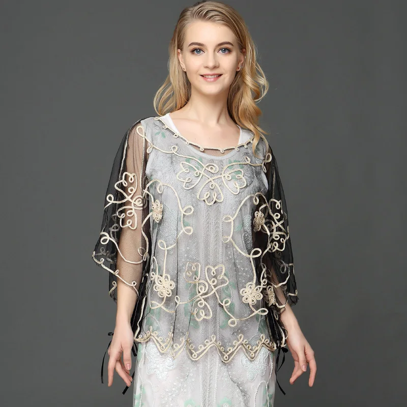 black with beige Летний Повседневный свободный негабаритный Тонкий Сетчатый Вышитый цветочный плащ в виде летучей мыши прозрачный кружевной пончо жакет Feminino - Цвет: black with beige