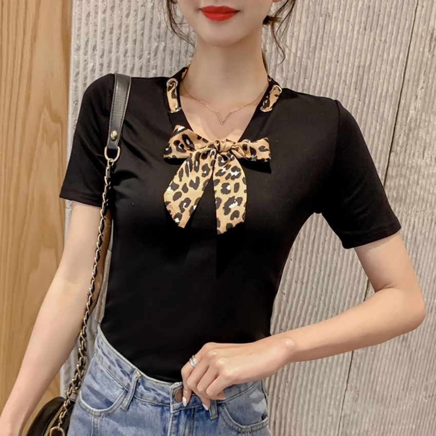 Женская футболка с леопардовым принтом и бантом в Корейском стиле весенне летняя