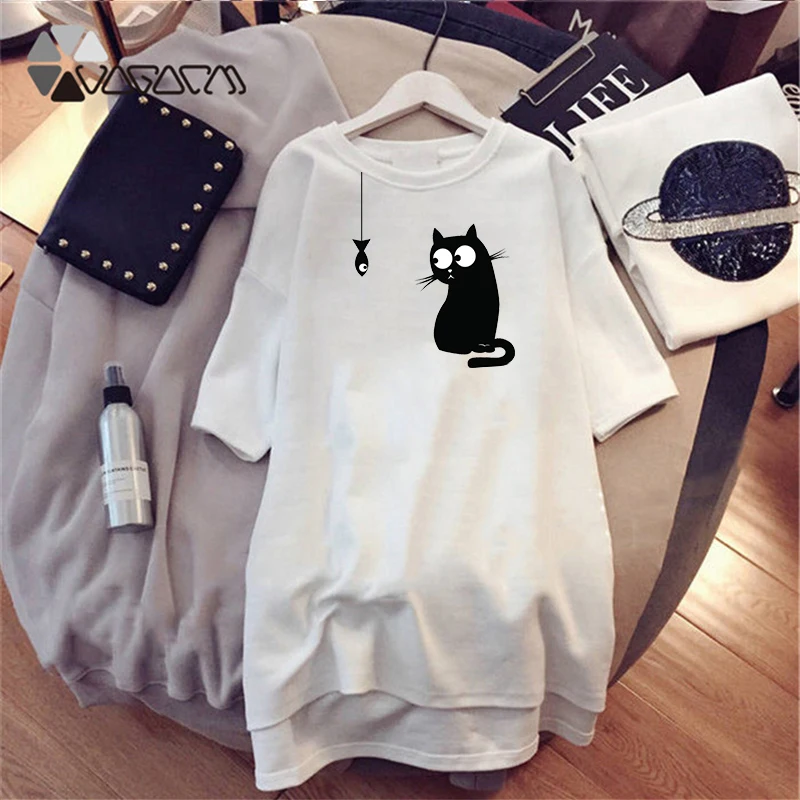 Cute Cat Summer Women Night Dress Print Short Sleeve White Nightgown Casual Loose Clothes   Kawaii Sleepwear Vestido