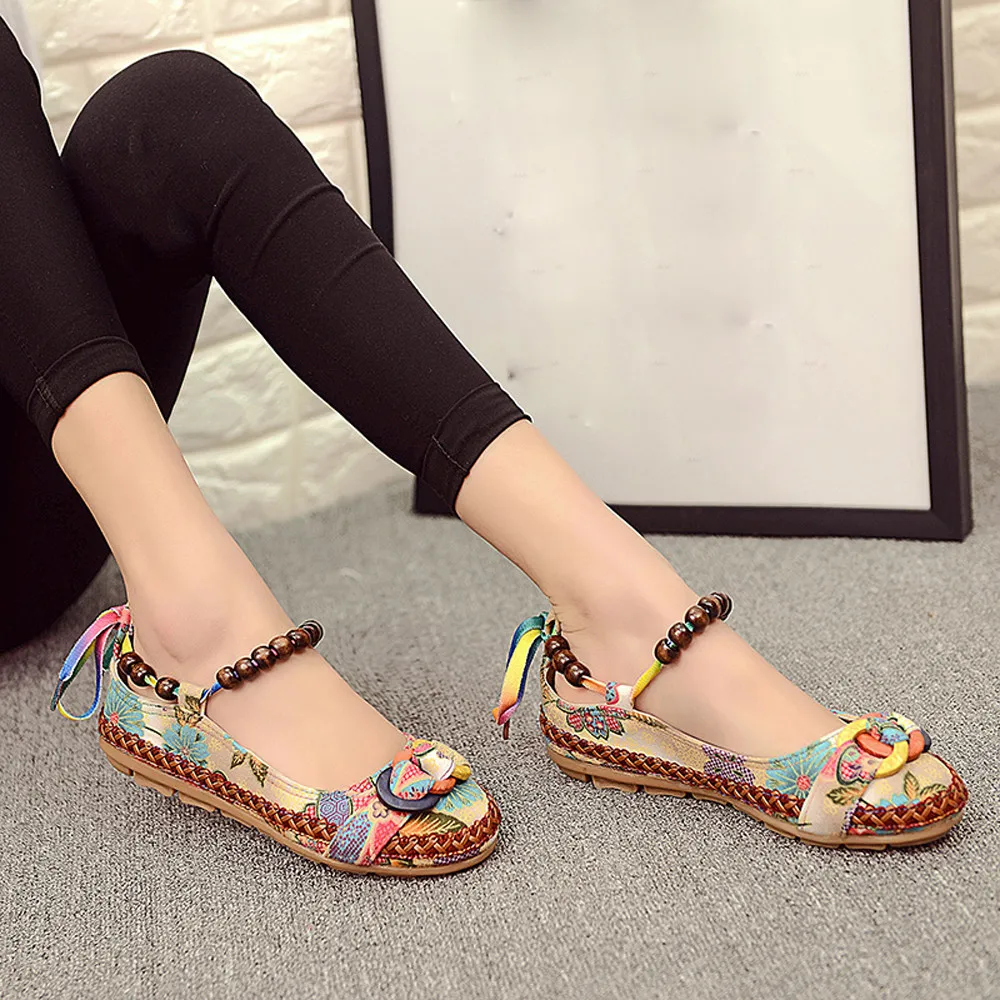 

New National style shallow sandals lace-up Women Ethnic Beading Round Toe Colorful Casual Embroidered Cotton Shoes soft A50
