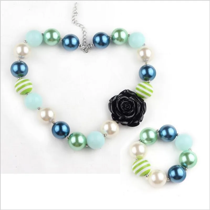 

2set/Lot Girls Black Flower Jewelry Sets Chunky Pearl Necklace Bracelet Set Bands Children Baby Kid Birthday Gift