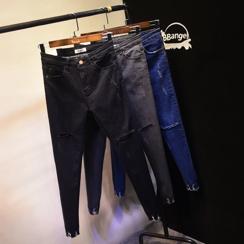 Stretch Jeans Femme Denim Ripped for Women 2018 Spring Woman Blue Grey Destroyed Feminino High Waist Pencil Pantalon |