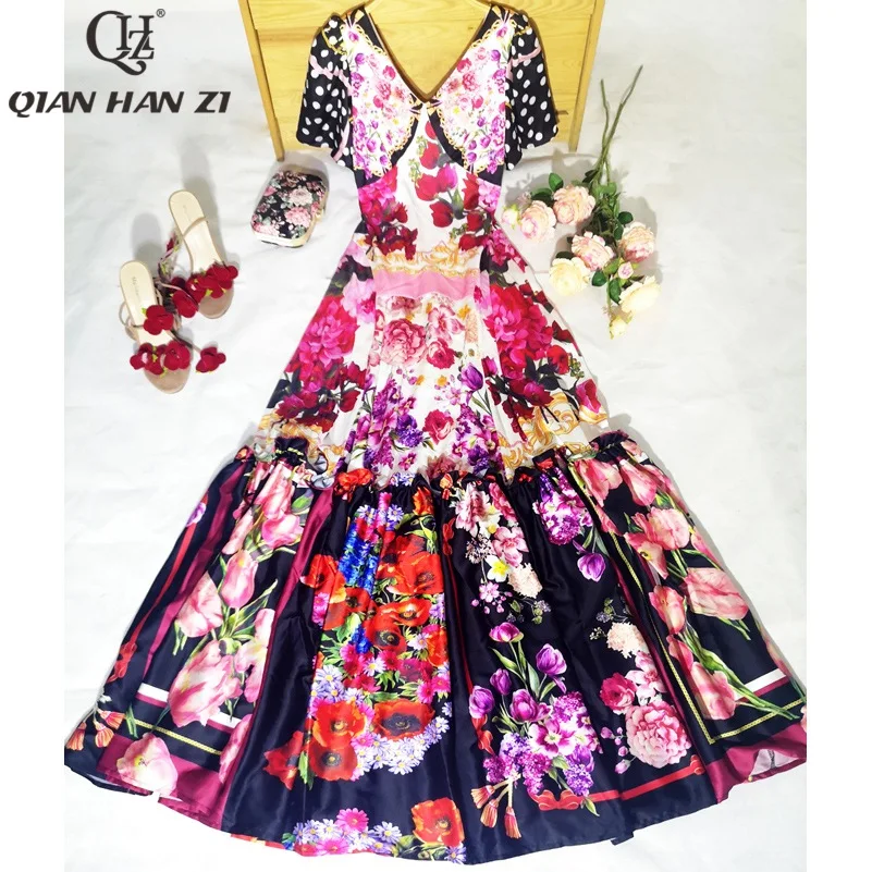 Цянь Хан Zi новейшие дизайнерские модное Макси платье Runway женское с v-образным