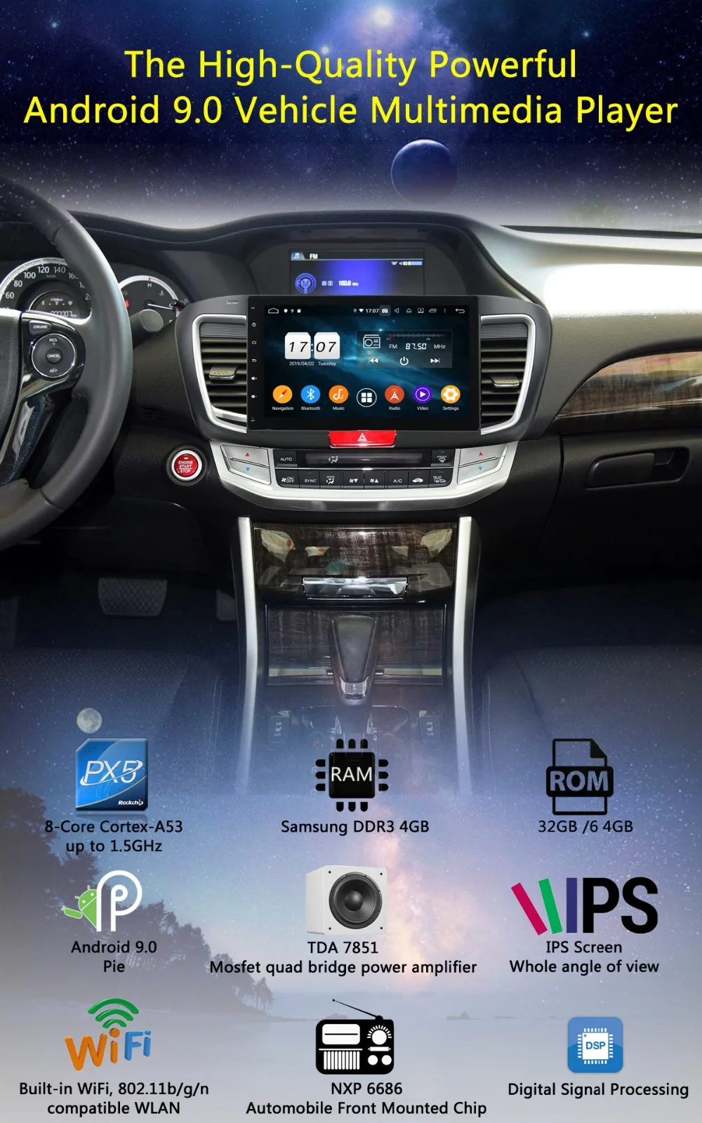 Ips Android 9,0 8 ядерный 4 Гб ram+ 64 ГБ rom Автомобильный DVD радио плеер gps для Honda Accord 9 низкий уровень DSP CarPlay Parrot BT