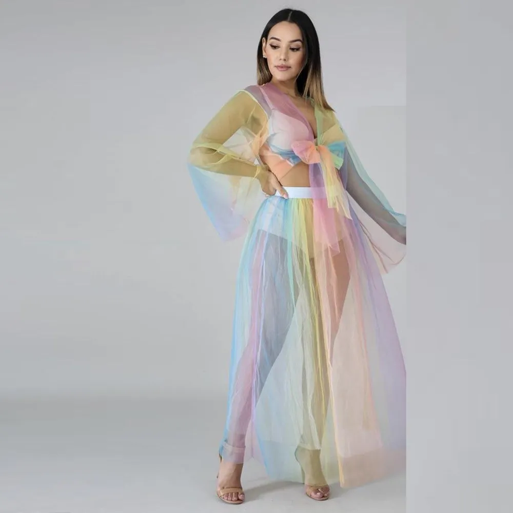 Женский комплект из 2 предметов в радужную полоску сетчатый укороченный Топ с