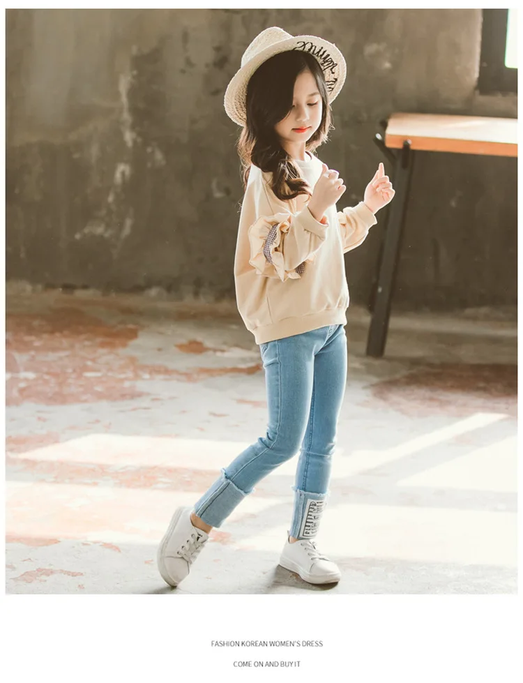 

Girls Clothes Set 2019 Autumn New Girls Pure Cotton Side Sleeve Hoodies+ Jeans Two-piece