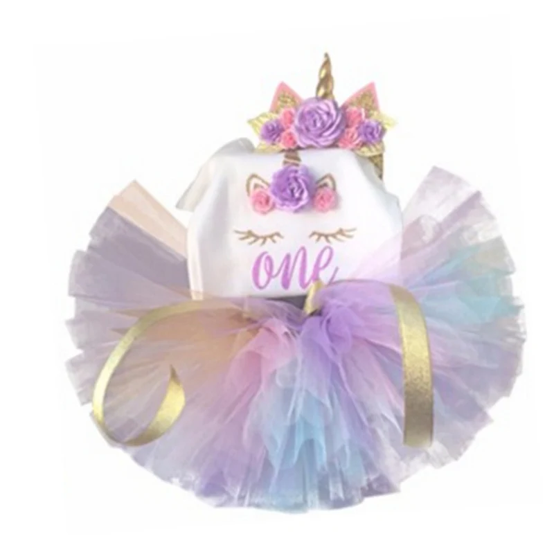 Purple unicorn dress Мой малыш платья с единорогом для девочек 1st для празднования первого дня рождения разноцветные платья повязка на голову "Единорог" наряды новорожденные младенцы Платье-пачка - Цвет: Purple unicorn dress