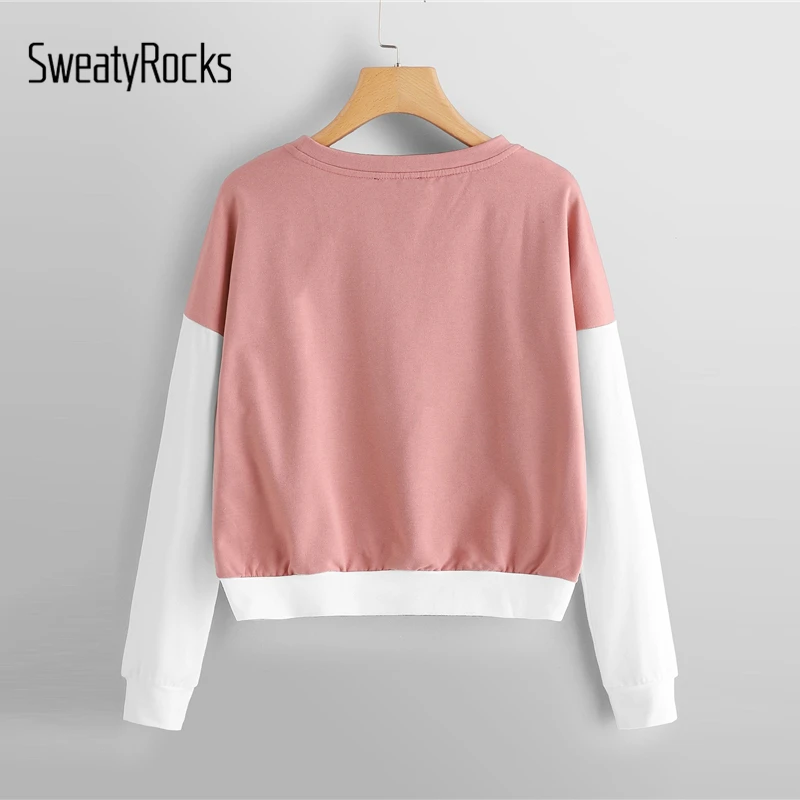 SweatyRocks, розовый двухцветный базовый пуловер с цветными блоками, толстовки с длинным рукавом, женские топы, осень, Повседневная Толстовка