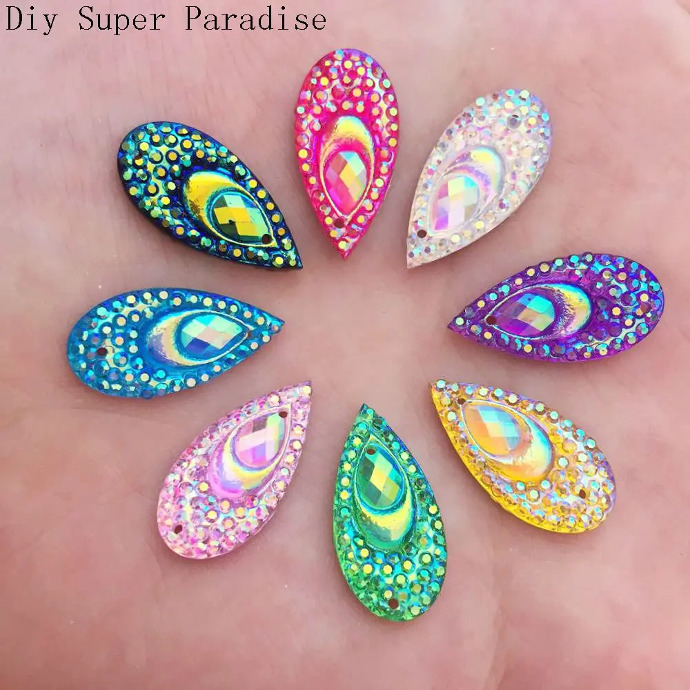 Hot 20pcs 10mm*20mm AB Drop Resin Peacock Eye Flatback Rhinestone Wedding Diy Buttons 2 Hole K83 | Дом и сад