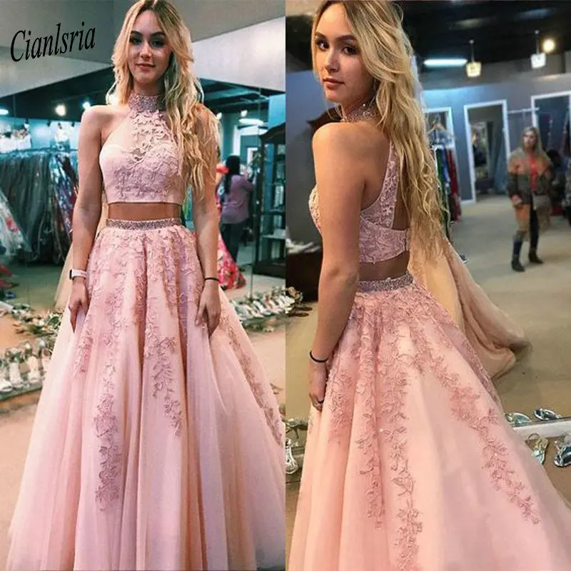 Pink Two Pieces High Neck Long Evening Dresses With Crystal Sashes Beading Appliques Lace Open Back Formal Party Dress | Свадьбы и