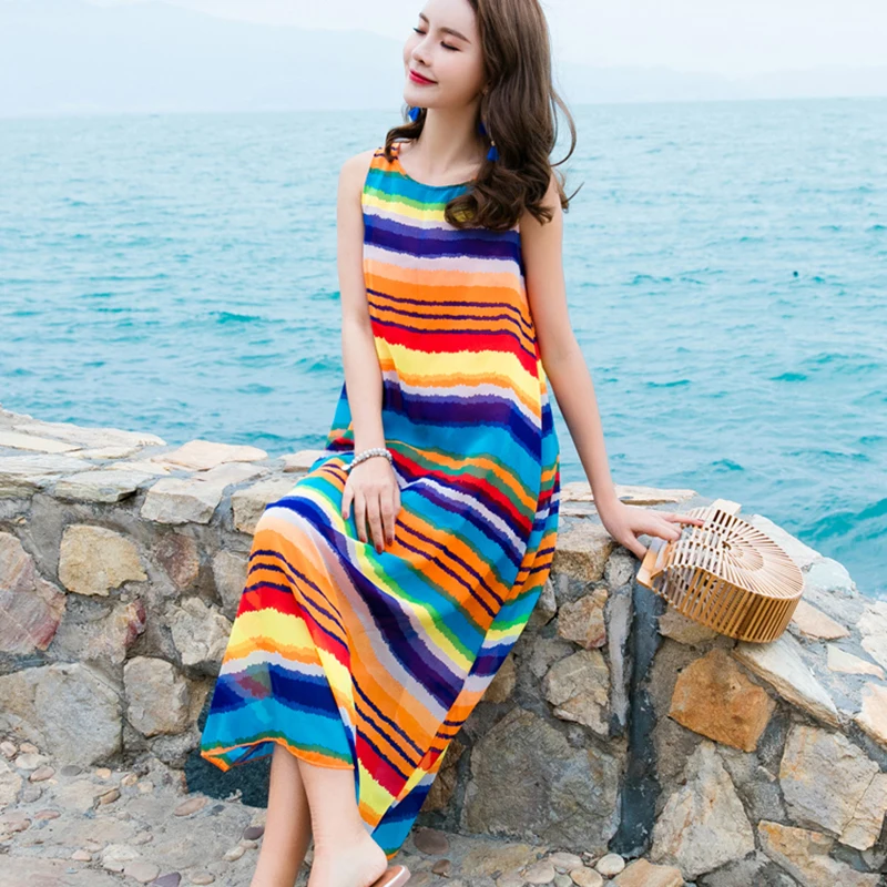 Women Summer Dress 2020 New Fashion Large size Womens Printing Rainbow color Sleeveless Loose Ladies KO54 | Женская одежда