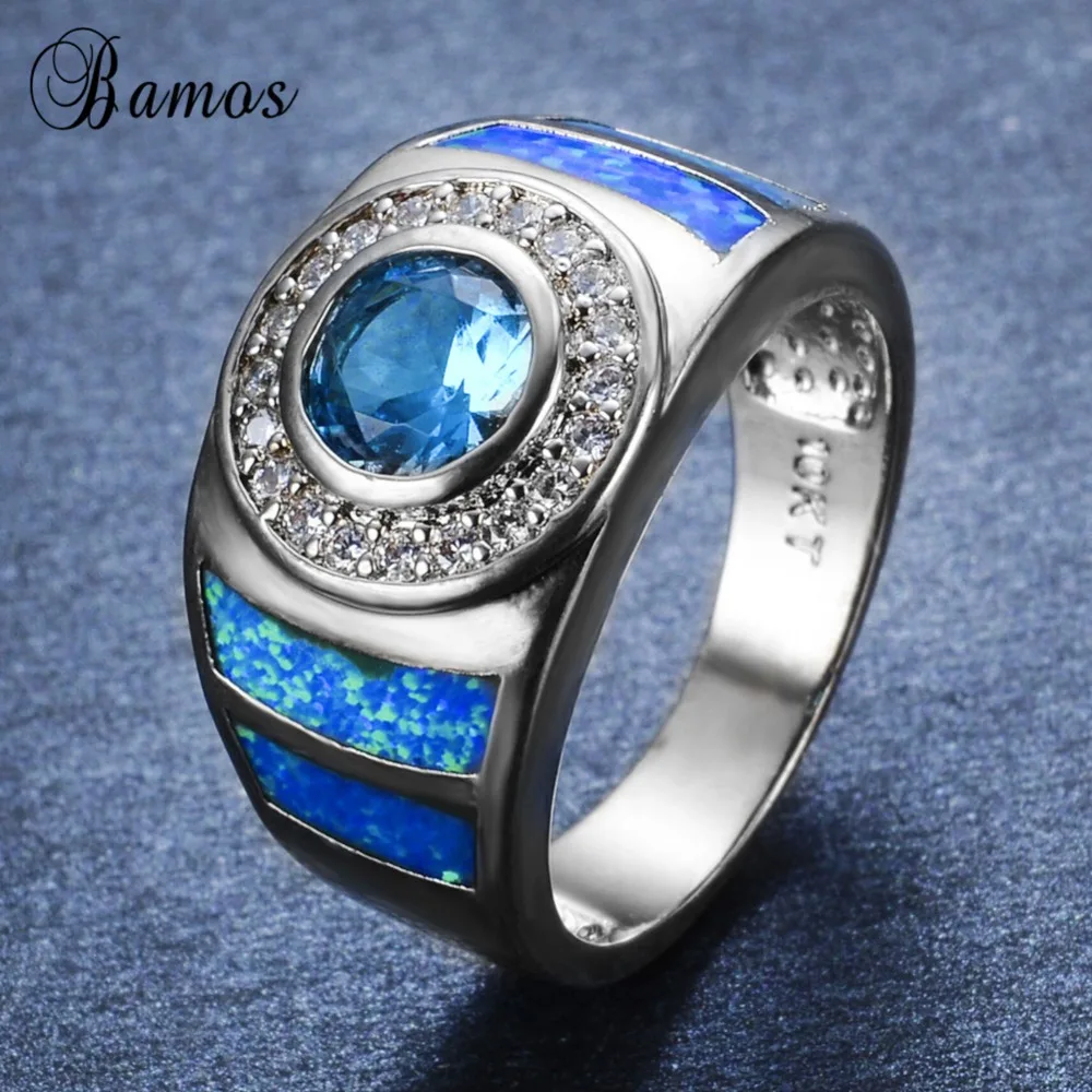 Bamos Vintage White Gold Filled Geometric Ring Luxury Blue Fire Opal Cocktail Crystal Jewelry Wedding Bands For Couples | Украшения и