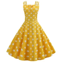 yellow polka dot print summer dress women swing rockabilly vintage dress robe femme elegant party plus size casual midi vestidos