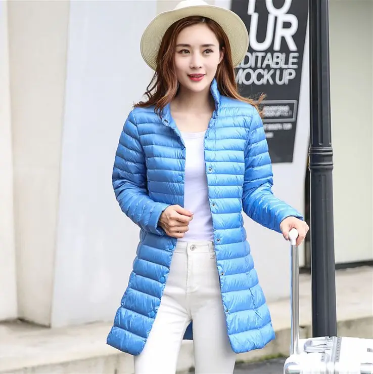 Water blue Новинка, Женское зимнее пальто, ультра-светильник, 90% белый утиный пух, однобортный, тонкий, портативный, женский зимний пуховик - Цвет: Water blue