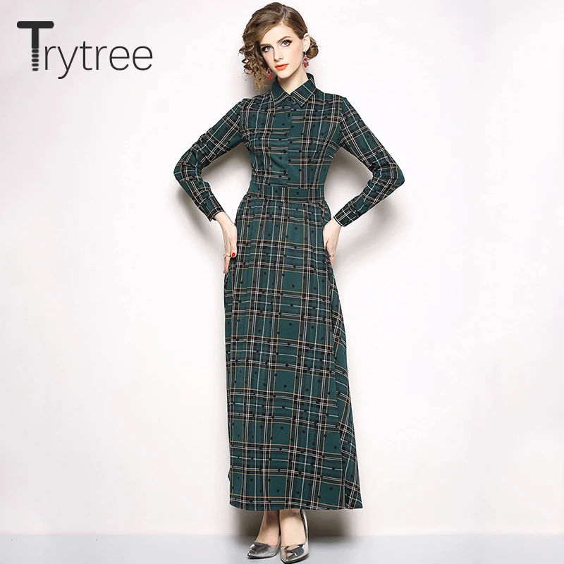Trytree/весенне летнее платье элегантные женские клетчатые винтажные платья в горошек с отложным воротником